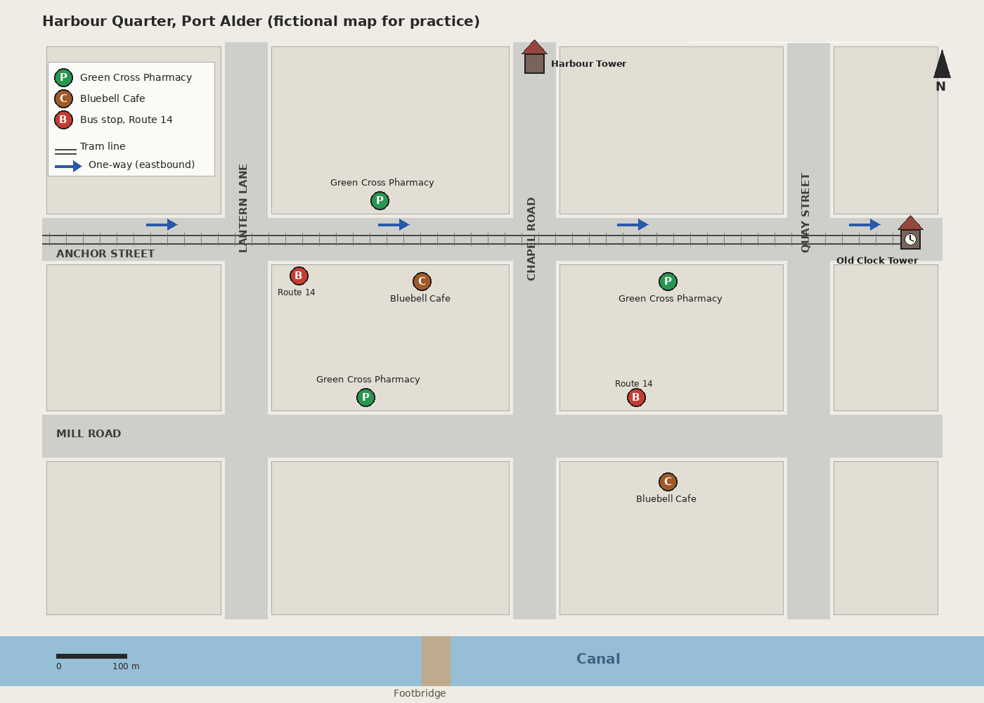 Illustrated map of the Harbour Quarter showing streets, a tram line, one-way arrows, pharmacies, cafes, bus stops and two towers