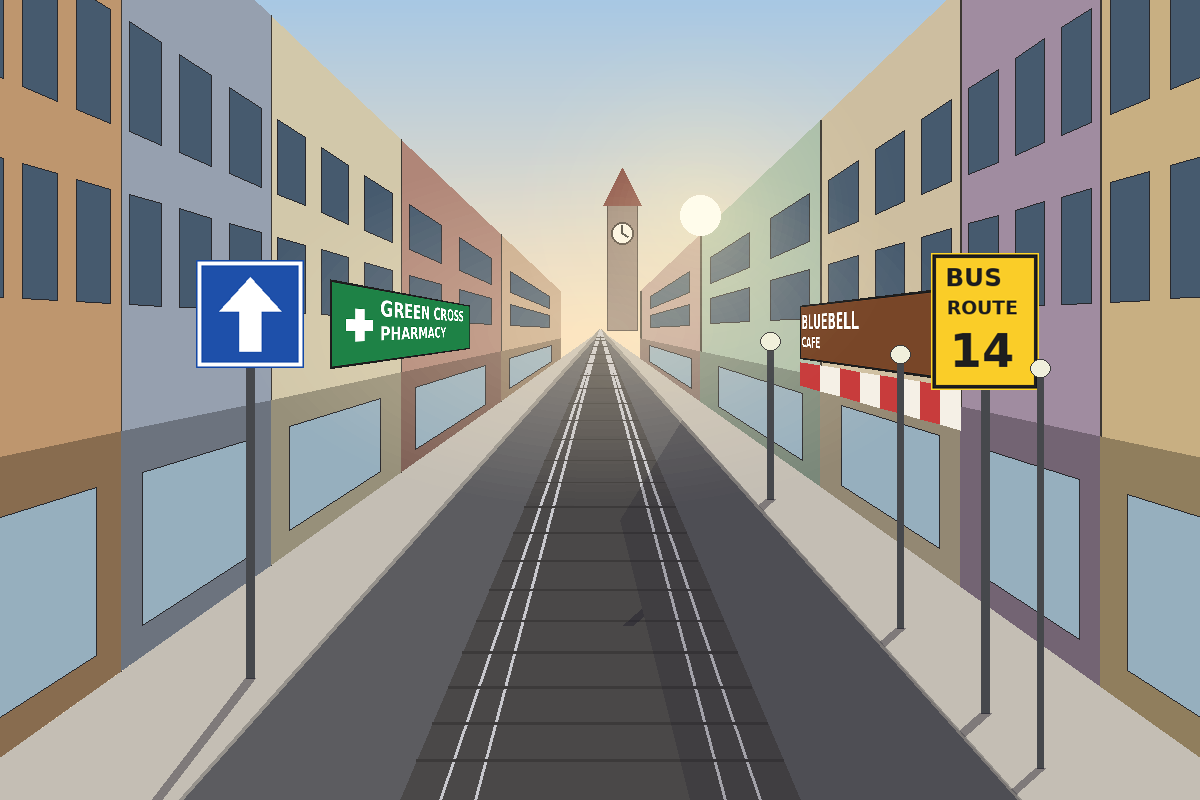 Illustrated street scene looking along a street with tram rails, shopfronts on both sides, street signs, a tower at the far end and long morning shadows